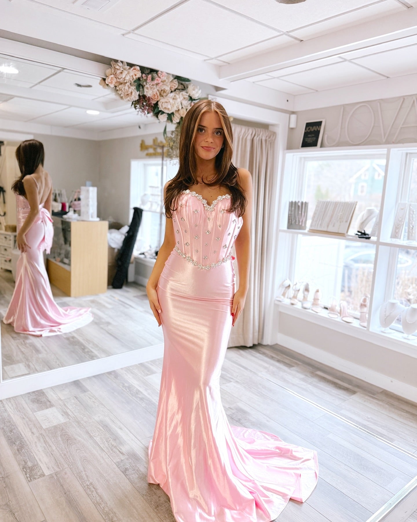 Lovely Long Pink Spaghetti Straps Sleeveless Backless Mermaid Prom Dress with Rhinestones