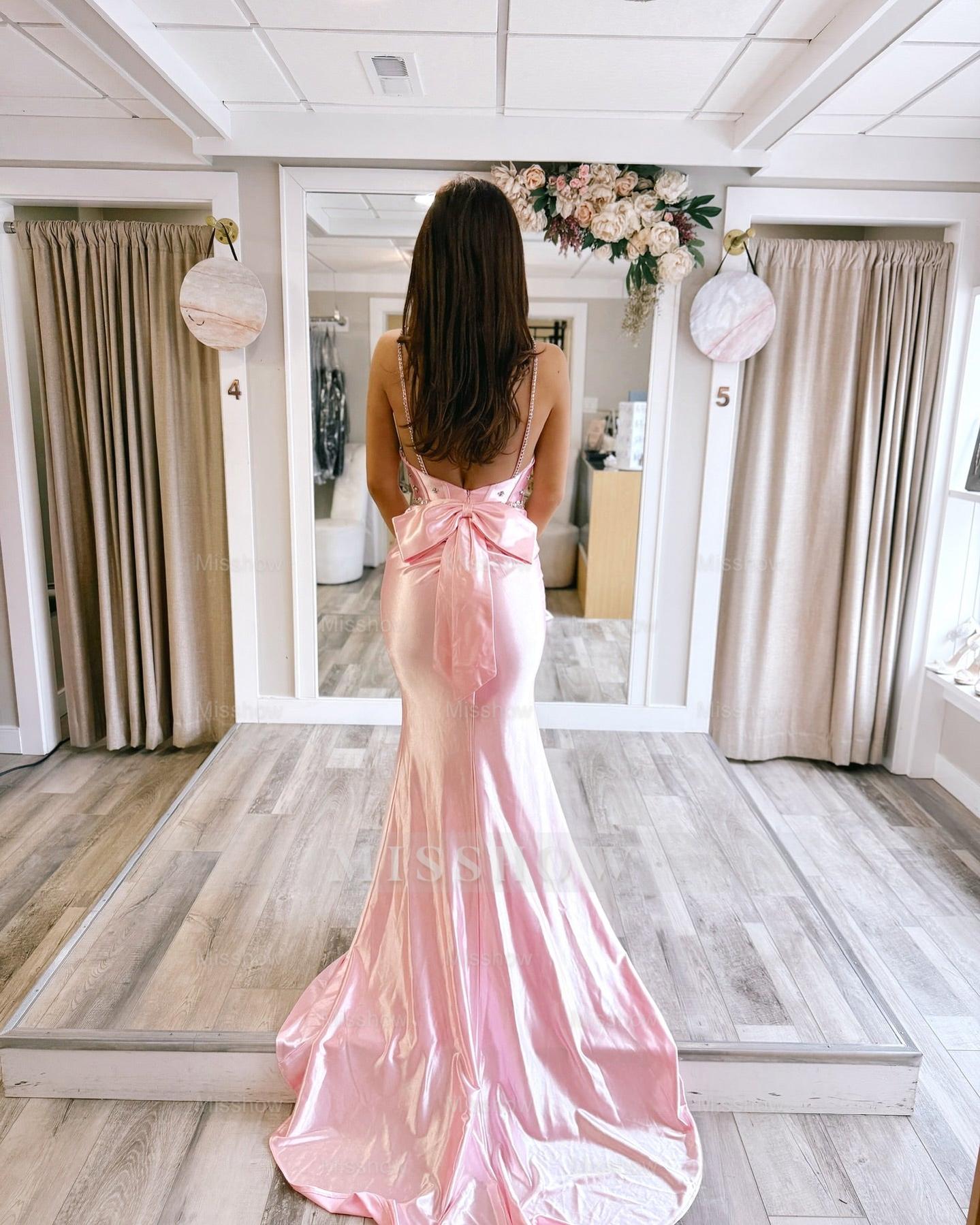 Lovely Long Pink Spaghetti Straps Sleeveless Backless Mermaid Prom Dress with Rhinestones Lovely Long Pink Spaghetti Straps Sleeveless Backless Mermaid Prom Dress with Rhinestones
