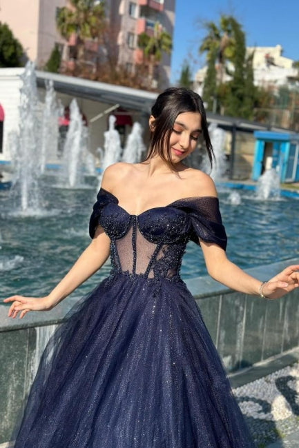 Luxurious A-Line Tulle Off-The-Shoulder Sleeveless Prom Evening Dresses With Appliques