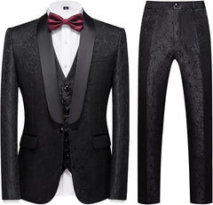Luxurious Black Jacquard Shawl Collar Three-Piece Groom's Suit