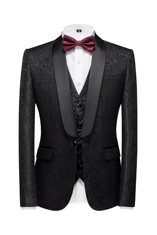 Luxurious Black Jacquard Shawl Collar Three-Piece Groom's Suit