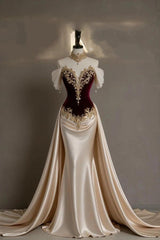Luxurious Champagne and Burgundy Off-The-Shoulder Sleeveless Mermaid Formal Dress with Detachable Train