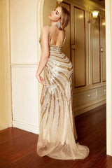Champagne v-neck sequin mermaid prom dress