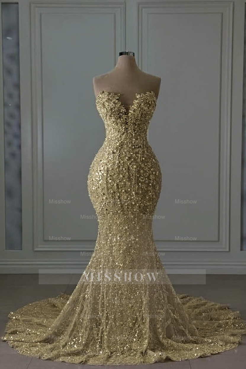 Luxurious Ivory Sweetheart Mermaid Wedding Dress with Beaded Lace and Sequins - Sleeveless Bridal Gown