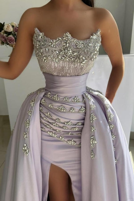 Luxurious Lilac A-Line Strapless Sleeveless Beaded Front Split Panel Train Satin Evening Dresses With Rhinestones
