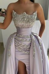 Luxurious Lilac A-Line Strapless Sleeveless Beaded Front Split Panel Train Satin Evening Dresses With Rhinestones