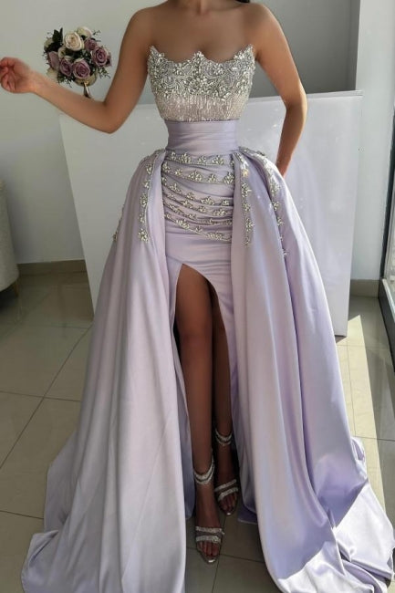 Luxurious Lilac A-Line Strapless Sleeveless Beaded Front Split Panel Train Satin Evening Dresses With Rhinestones