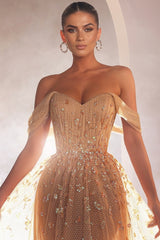Luxurious Long A-line Off-the-shoulder Tulle Beading Sleeveless Prom Evening Dresses