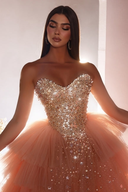 Luxurious Long Pink A-line Princess Tulle Beading Sleeveless Prom Evening Dresses with Pearls