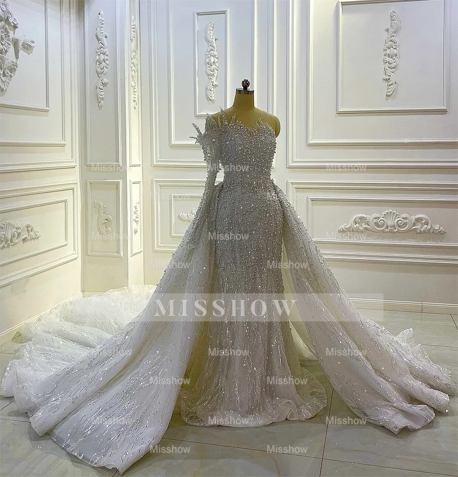Luxurious Long White A-line Beading One Shoulder Wedding Dress With Sleeve