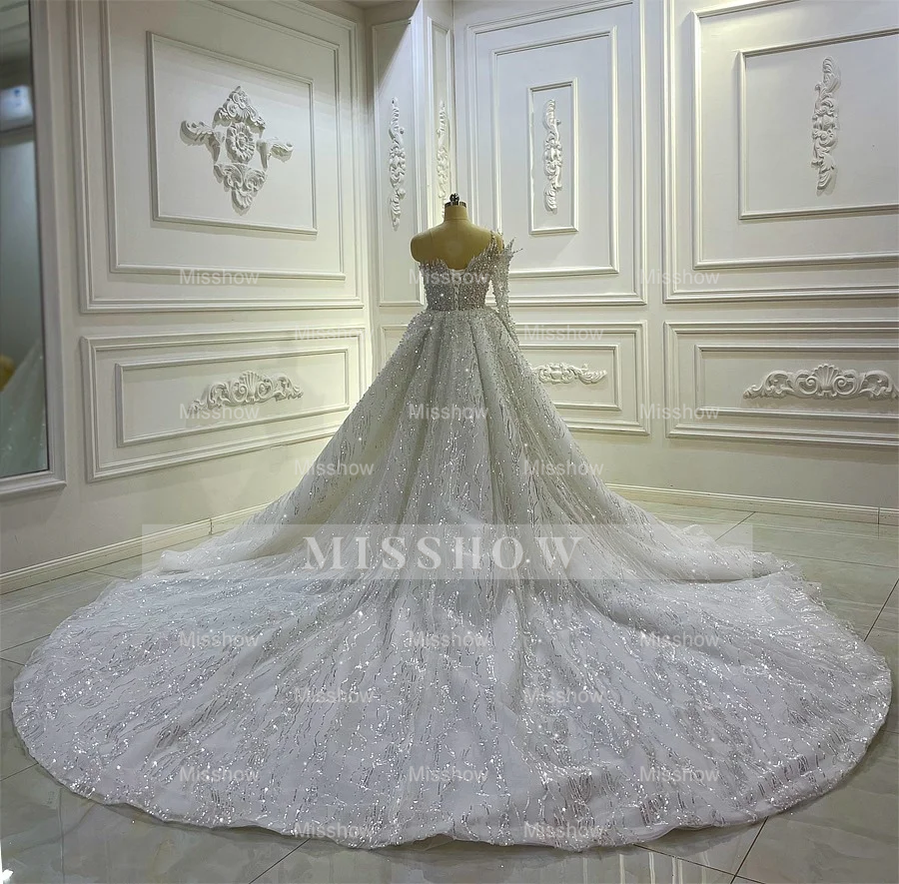 Luxurious Long White A-line Beading One Shoulder Wedding Dress With Sleeve