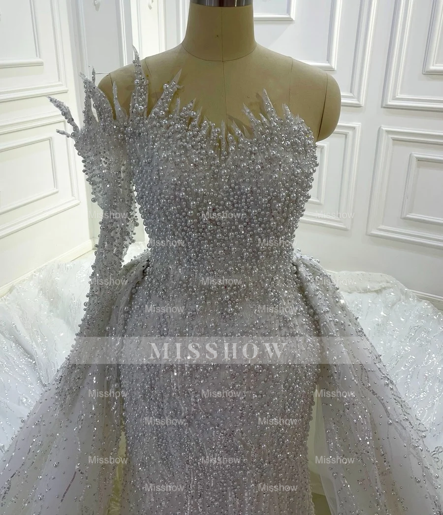 Luxurious Long White A-line Beading One Shoulder Wedding Dress With Sleeve