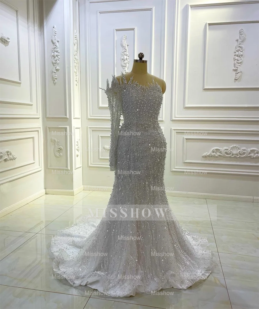 Luxurious Long White A-line Beading One Shoulder Wedding Dress With Sleeve