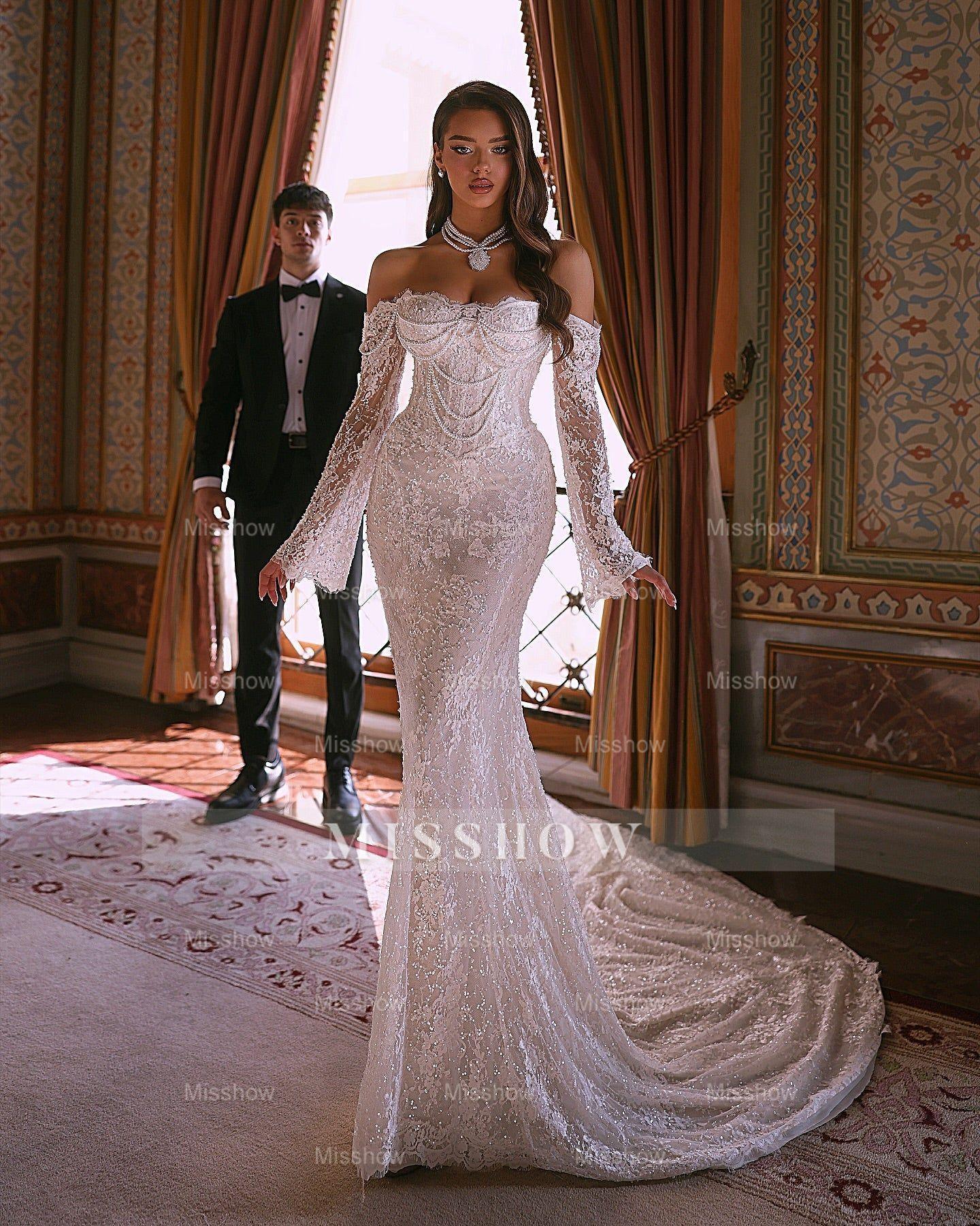 Luxurious Long White Mermaid Off-the-shoulder Beaded Lace Wedding Dres – misshow.com Luxurious Long White Mermaid Off-the-shoulder Beaded Lace Wedding Dres – misshow.com