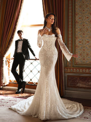 Luxurious Long White Mermaid Off-the-shoulder Beaded Lace Wedding Dress with Long Sleeves