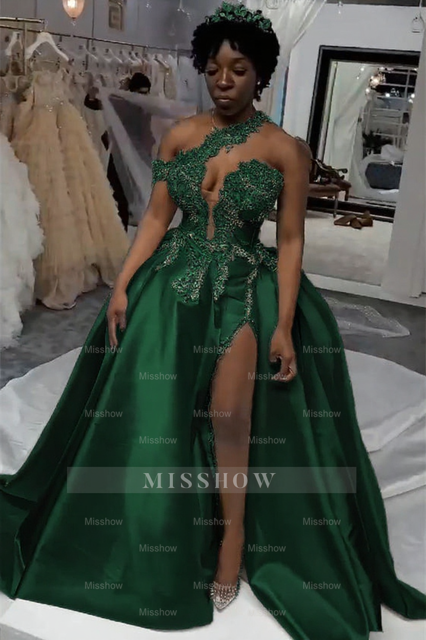 Luxurious Long White One Shoulder Sleeveless Jewel Wedding Dress With Detachable Train