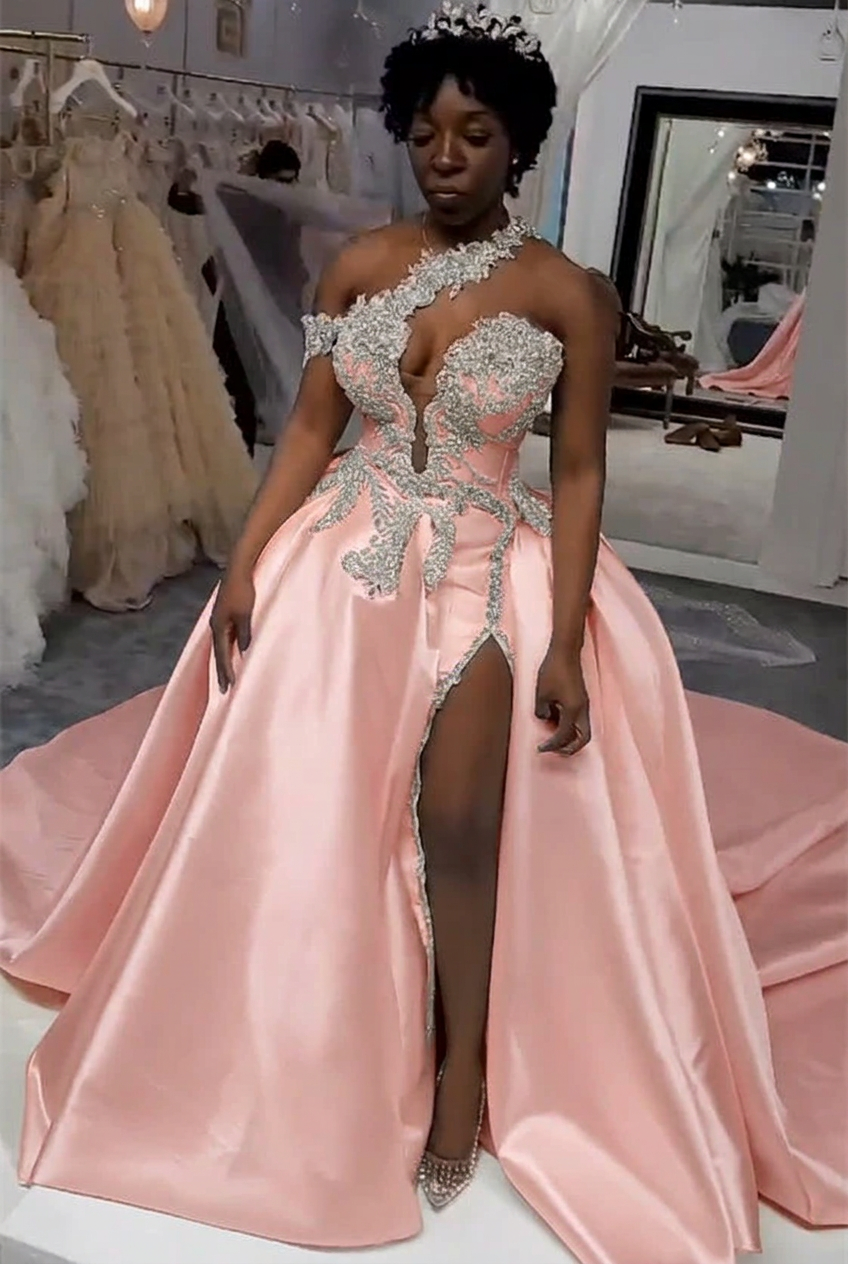 Blushing Pink one shoulder satin A-line wedding dress