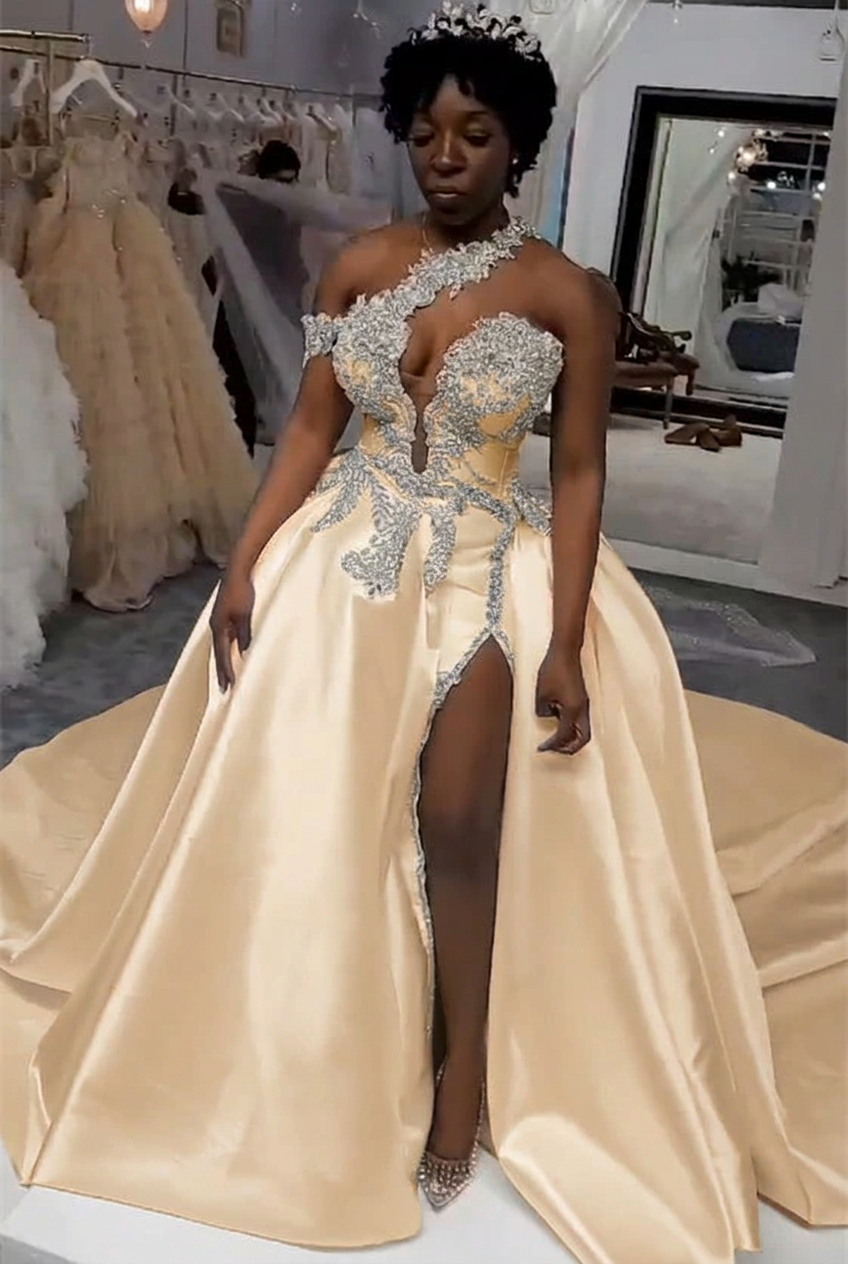 Champagne one shoulder satin A-line wedding dress