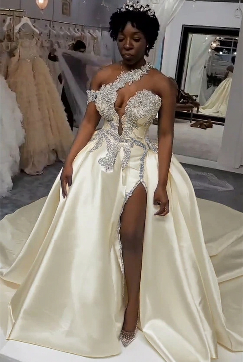 Ivory one shoulder satin A-line wedding dress