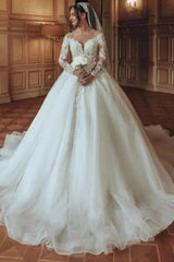 Luxurious Long White Scoop Neck A-line Tulle Lace Wedding Dress with Long Sleeves
