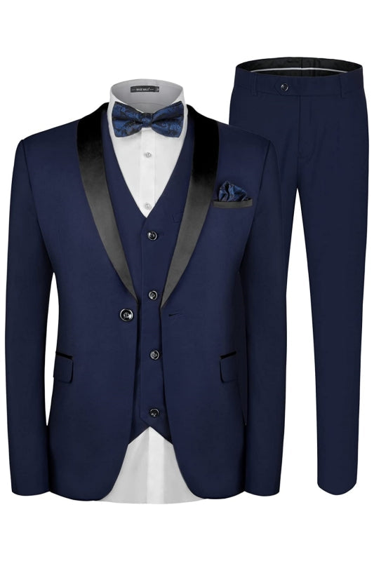 Luxurious Navy Blue Three-Piece Shawl Collar Groom's Suit