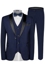 Luxurious Navy Blue Three-Piece Shawl Collar Groom's Suit