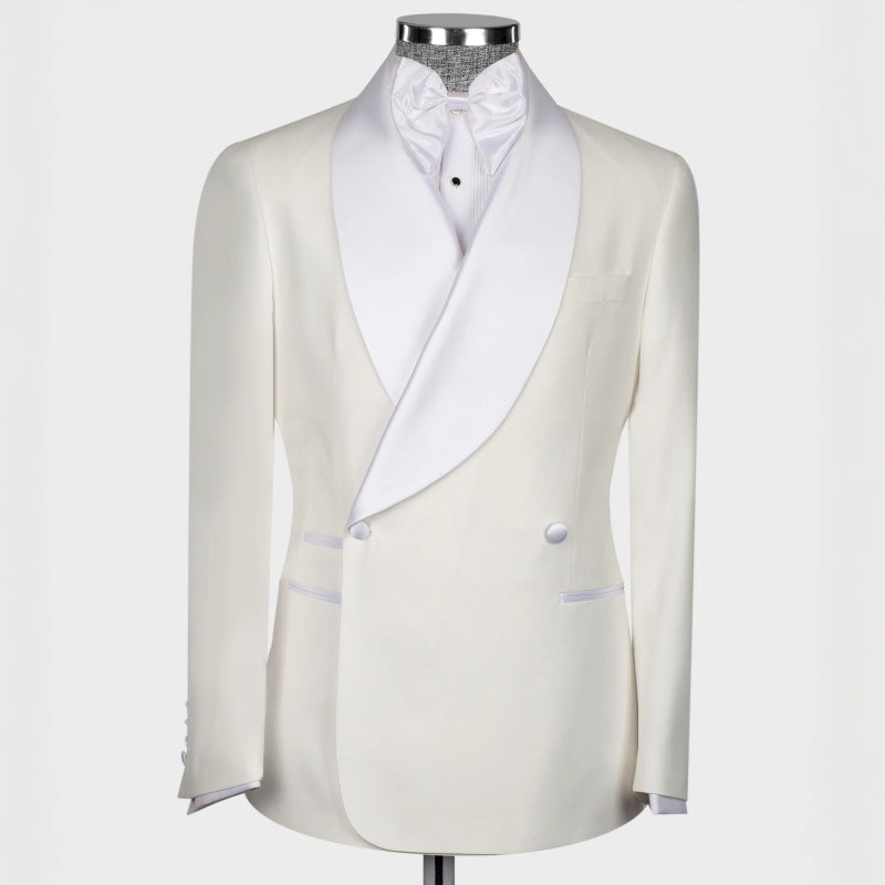 Luxurious Off-White Shawl Collar Double Breasted Groom's Suit