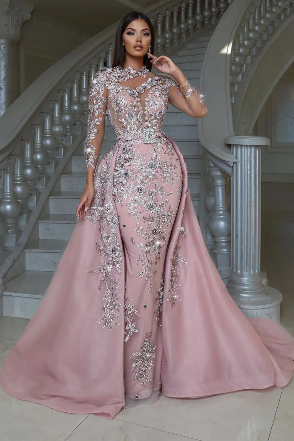 Luxurious Pink High Neck Beaded Embroidery Long Sleeves Detachable Panel Train Prom Evening Dresses With Rhinestone