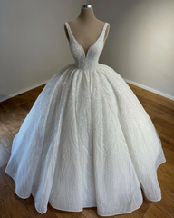 Luxurious Princess Long A-line V-neck Lace Beading Sleeveless Wedding Dresses with Glitter