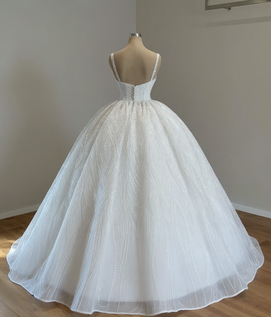 Luxurious Princess Long A-line V-neck Lace Beading Sleeveless Wedding Dresses with Glitter