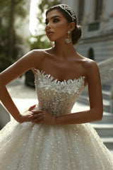 Luxurious Strapless Sleeveless Sequined Ball Gown Lace-up Cathedral Train Wedding Dress With Appliques