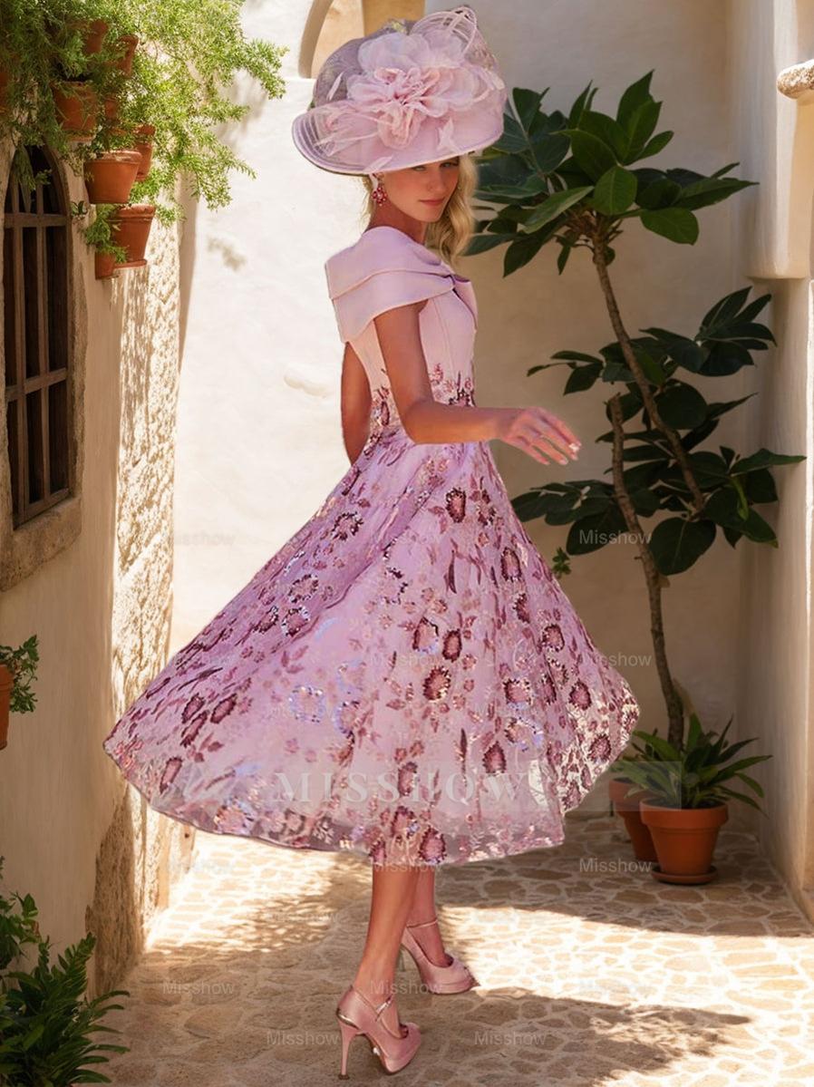 Luxurious V-Neck A-Line Princess Tea-Length Mother of the Bride Dresses with Bow & Embroidery