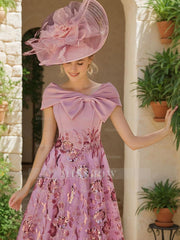 Luxurious V-Neck A-Line Princess Tea-Length Mother of the Bride Dresses with Bow & Embroidery