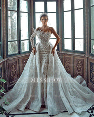 Luxurious White One Shoulder A-Line Wedding Dress with Beading Pearls Long Sleeve and Train - Satin Bridal Gown