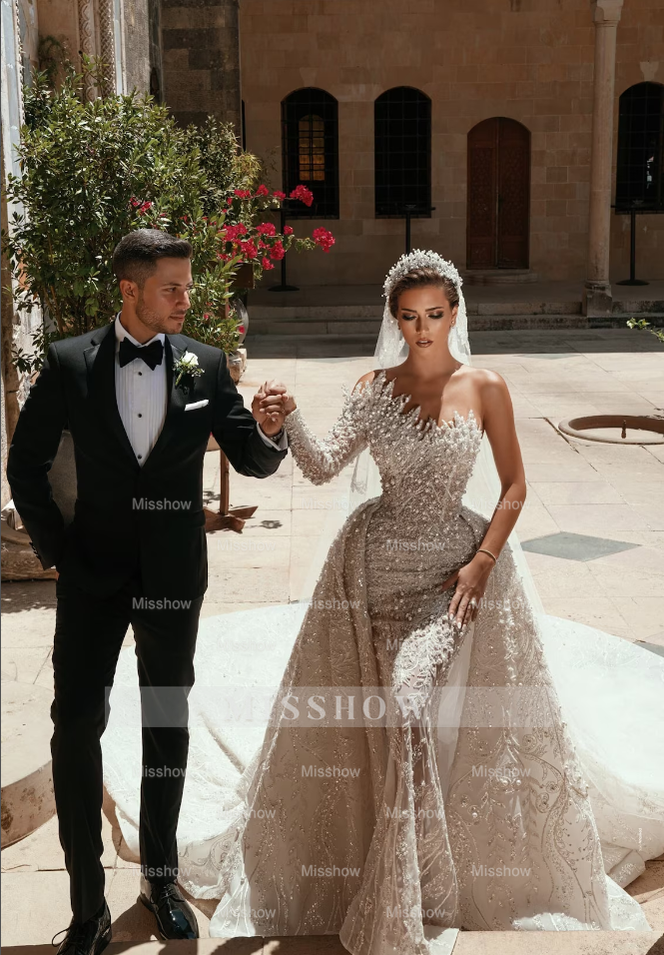 Luxurious White One Shoulder A-Line Wedding Dress with Beading Pearls Long Sleeve and Train - Satin Bridal Gown