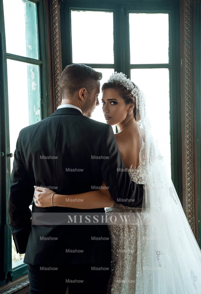 Luxurious White One Shoulder A-Line Wedding Dress with Beading Pearls Long Sleeve and Train - Satin Bridal Gown