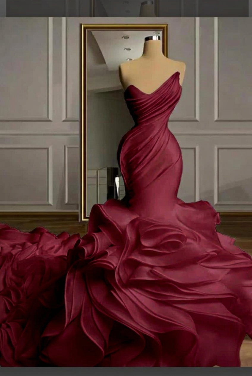 Burgundy strapless ruffled mermaid wedding dress