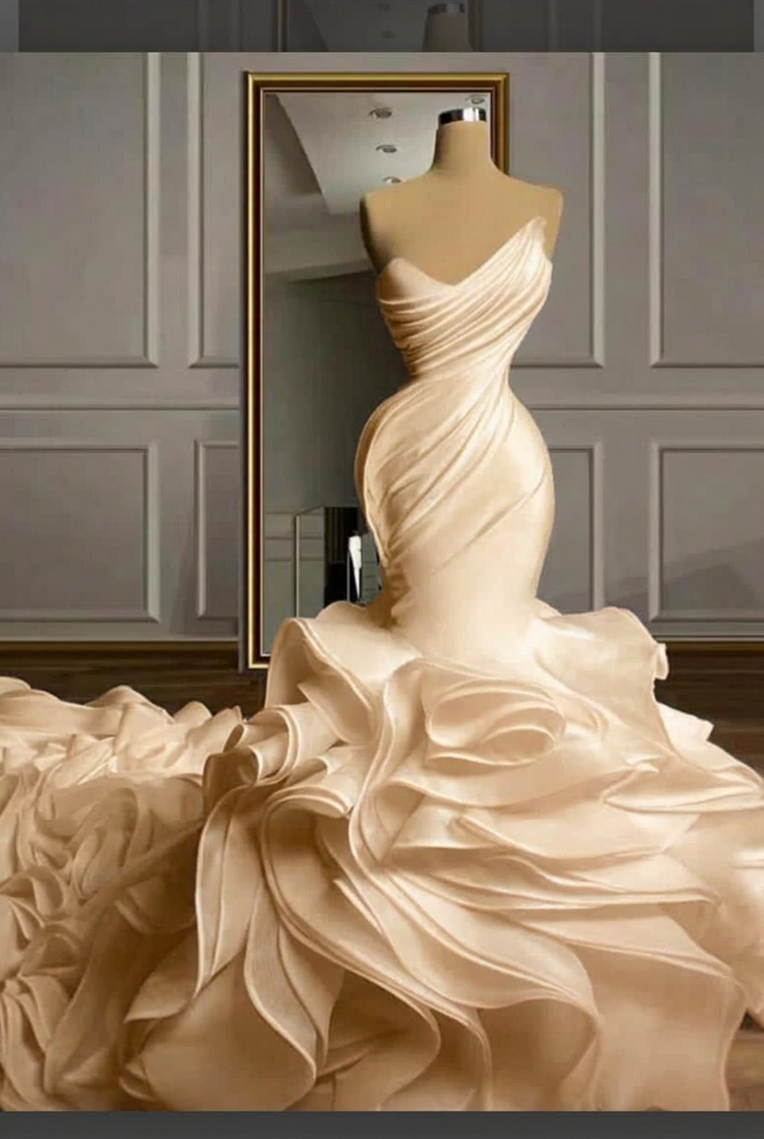 Champagne strapless ruffled mermaid wedding dress
