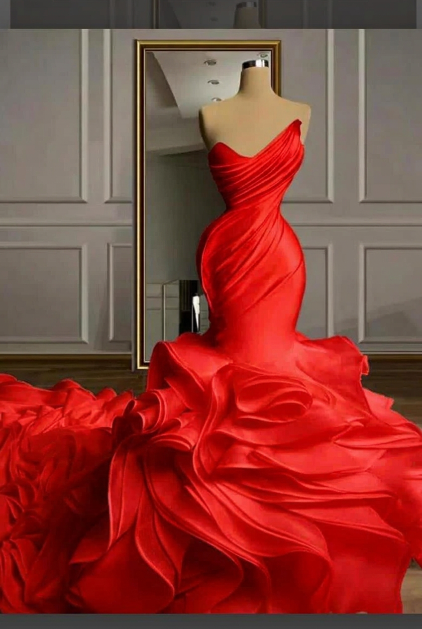 Red strapless ruffled mermaid wedding dress