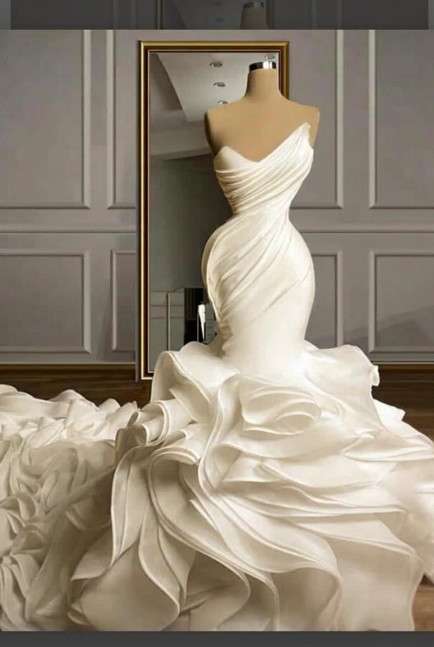 Ivory strapless ruffled mermaid wedding dress