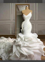 Luxurious White Strapless Mermaid Wedding Dress with Tiered Organza Piping - Bridal Gown