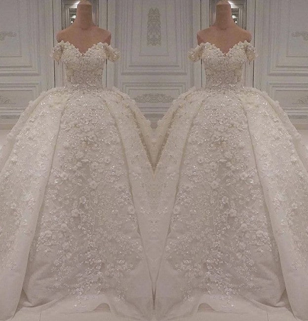 Luxury A-line Off-the-shoulder White Wedding Dresses V-neck Tulle Lace Bridal Gowns With Flowers