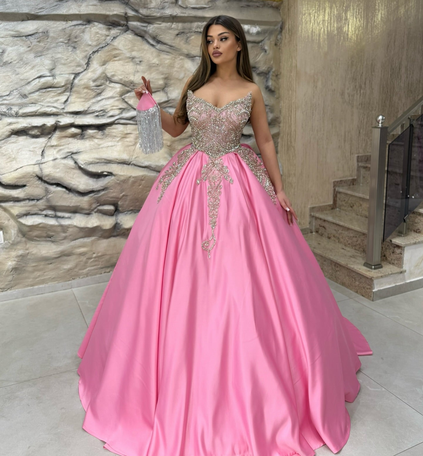 Luxury Blue Ball Gown Strapless Beaded Floor-Length Satin Quinceanera Dress With Rhinestones