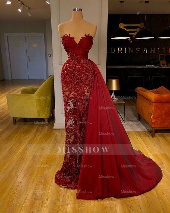 Luxury Burgundy Detachable Train Mermaid Prom Evening Dresses with