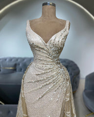 Luxury Champagne V-Neck Sleeveless Sequined Beaded Ruffles Detachable Train Tulle Evening Dress With Appliques