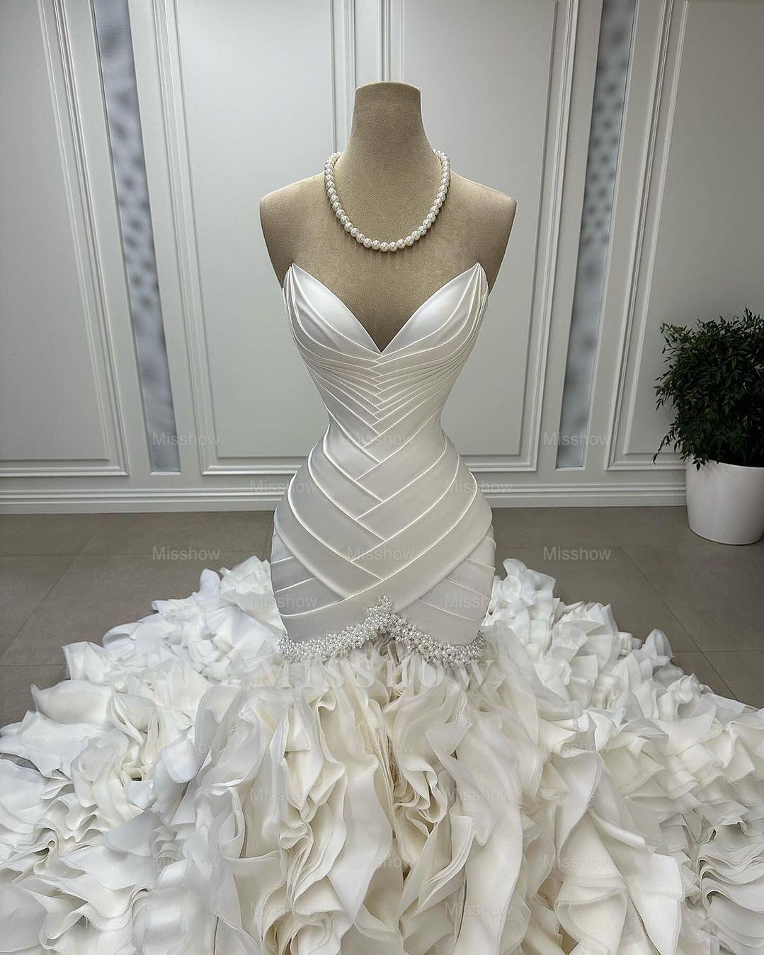 Luxury Ivory Wedding Dresses Bridal Gowns Formal Beads Sweep Train