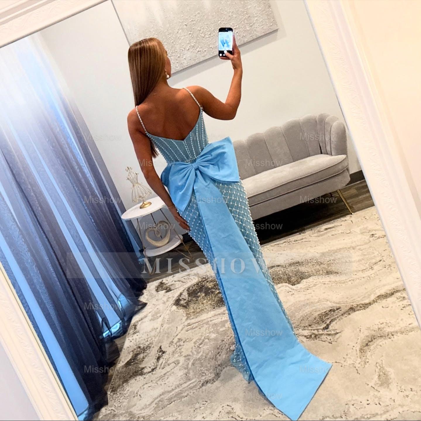 Luxury Long Blue Spaghetti Straps Mermaid Beaded Prom Dress with Bow –