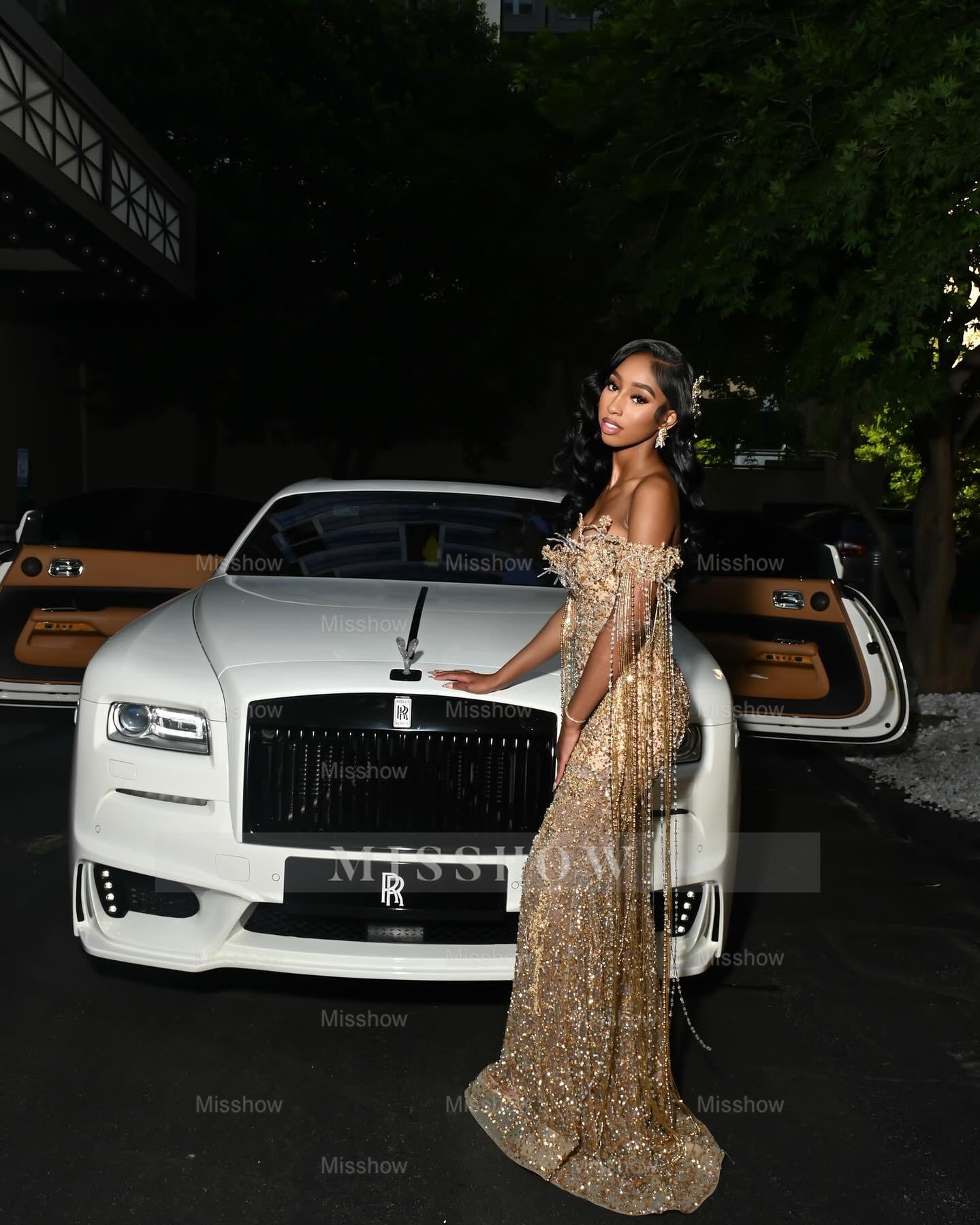 Gold off-the-shoulder beaded mermaid prom dress