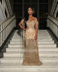 Gold off-the-shoulder beaded mermaid prom dress