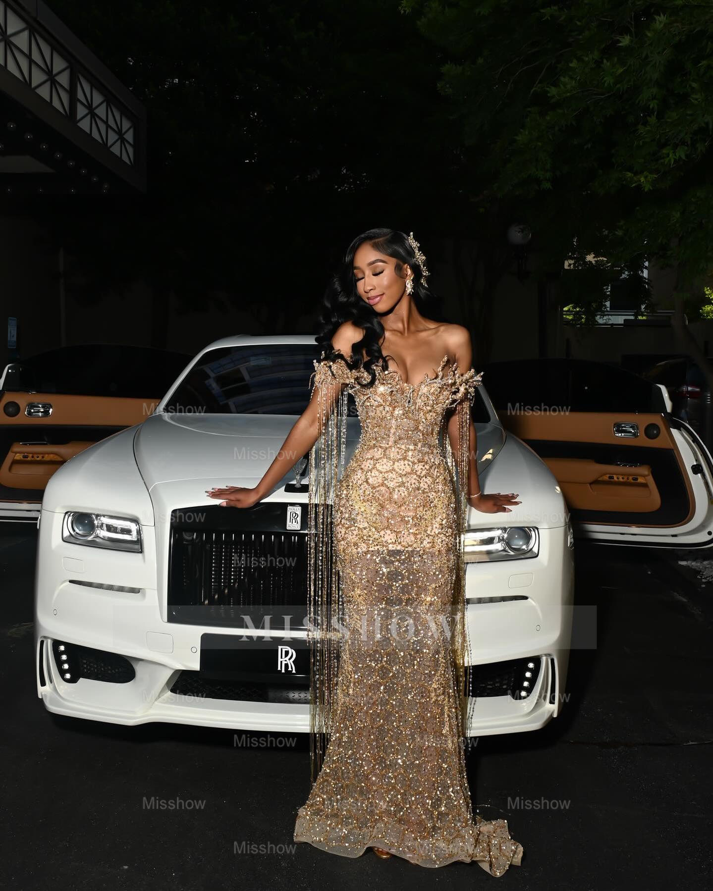 Gold off-the-shoulder beaded mermaid prom dress